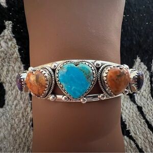 Turquoise, Spiny Oyster, Purple Dahlia 925 ADJUSTABLE Navajo Heart Cuff 26.2Gm